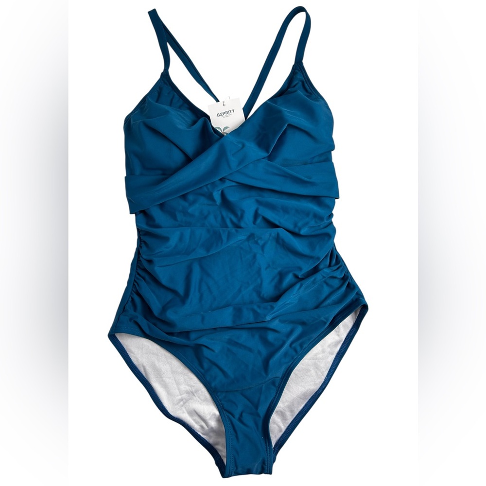 NWT B2prity One Piece Swimsuit M – Peacock Blue Tummy Control V Neck Tie Back - Picture 3 of 14
